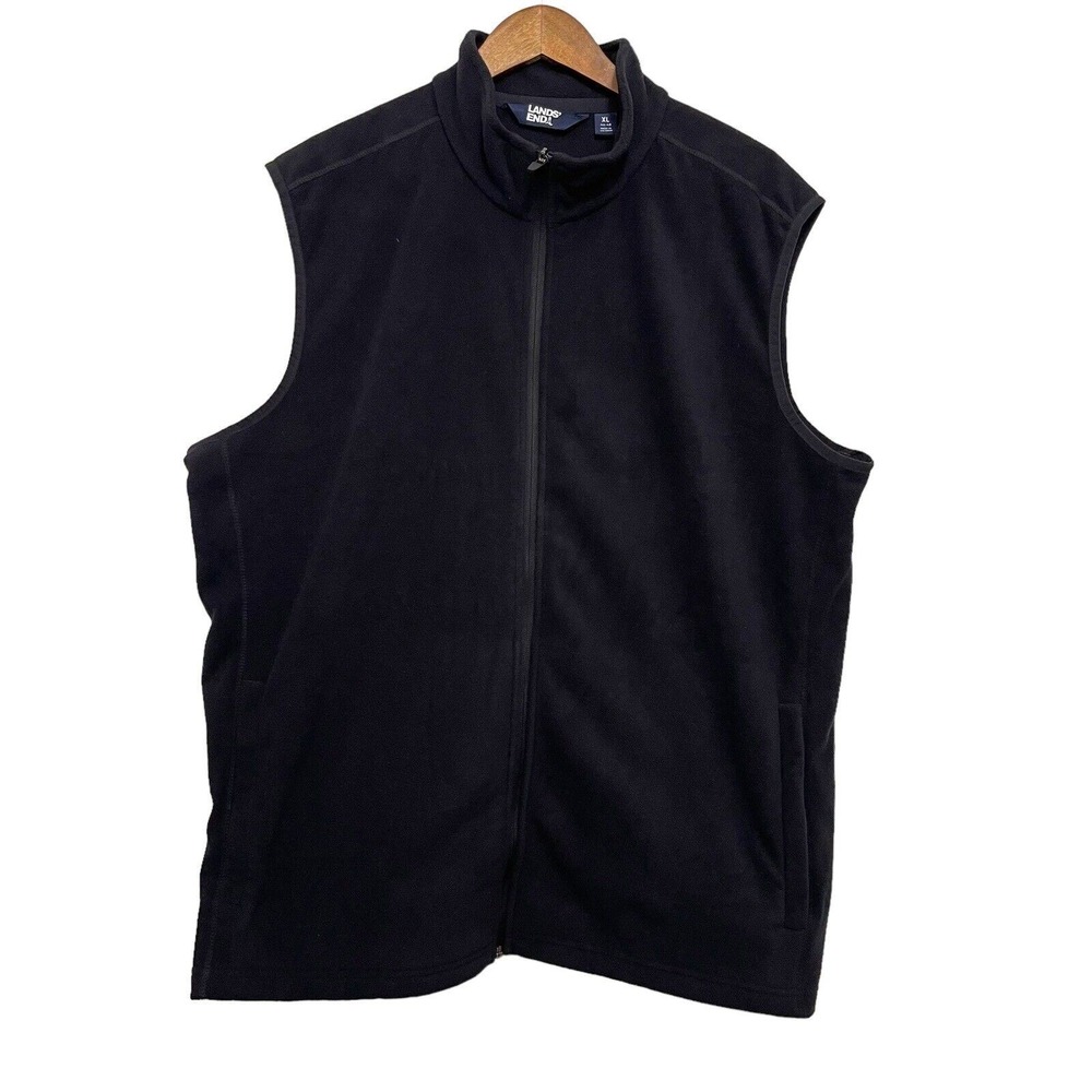 Lands' End Fleece Vest Mens XL Navy Blue Full Zip Mock Neck Layering Outerwear